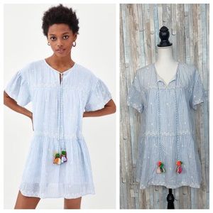 Zara M L Blue Striped Embroidered Mini Dress Cover Up Sundress Summer Pom Pom